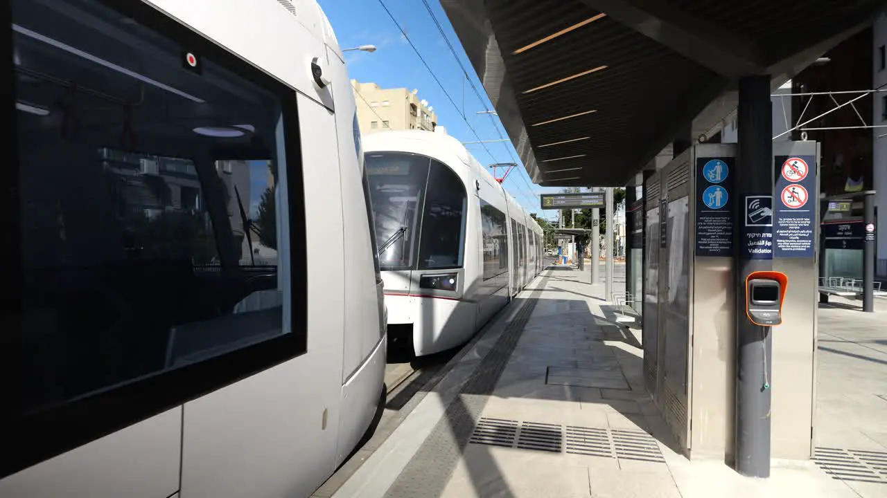 Train arriving at the light rail station in Tel Aviv new metro line