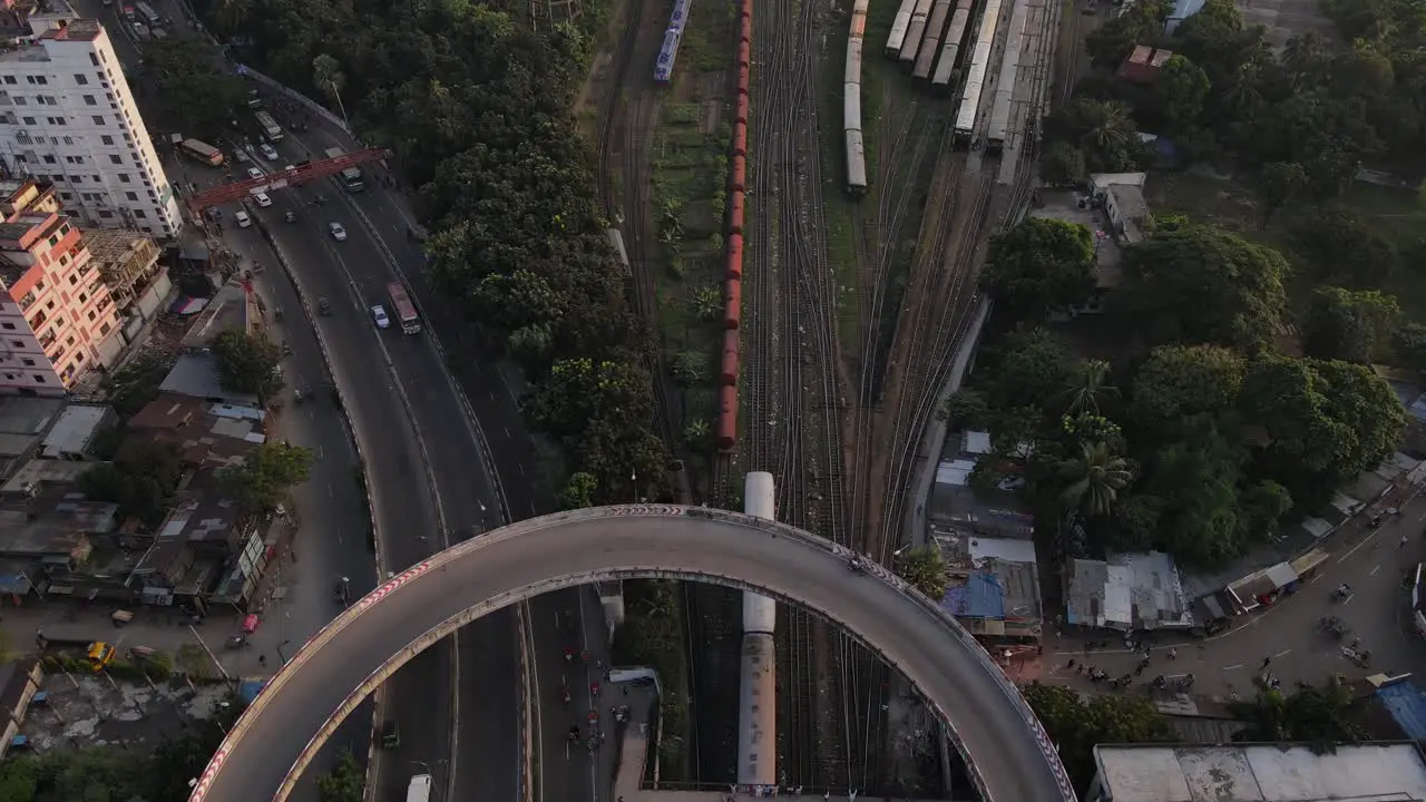 Top down aerial drone view of busy trafficated flyover road in Dhaka Bangladesh