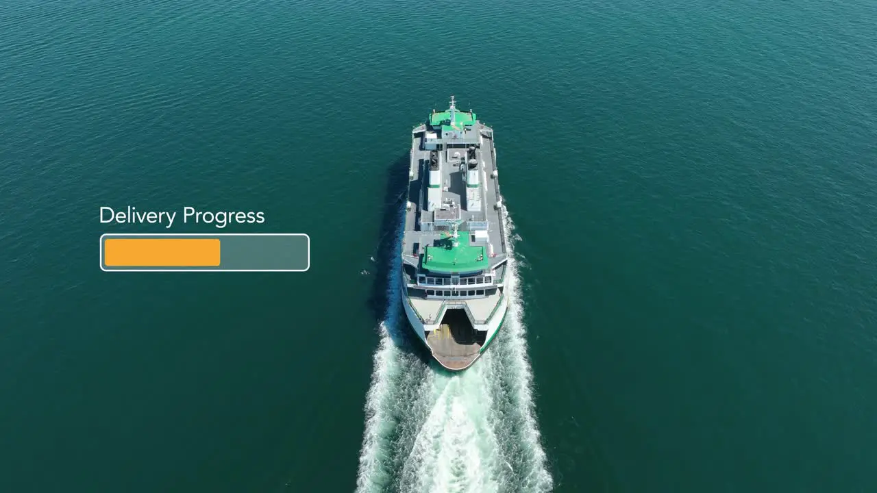 Overhead vide of a large boat traveling to drop off a delivery