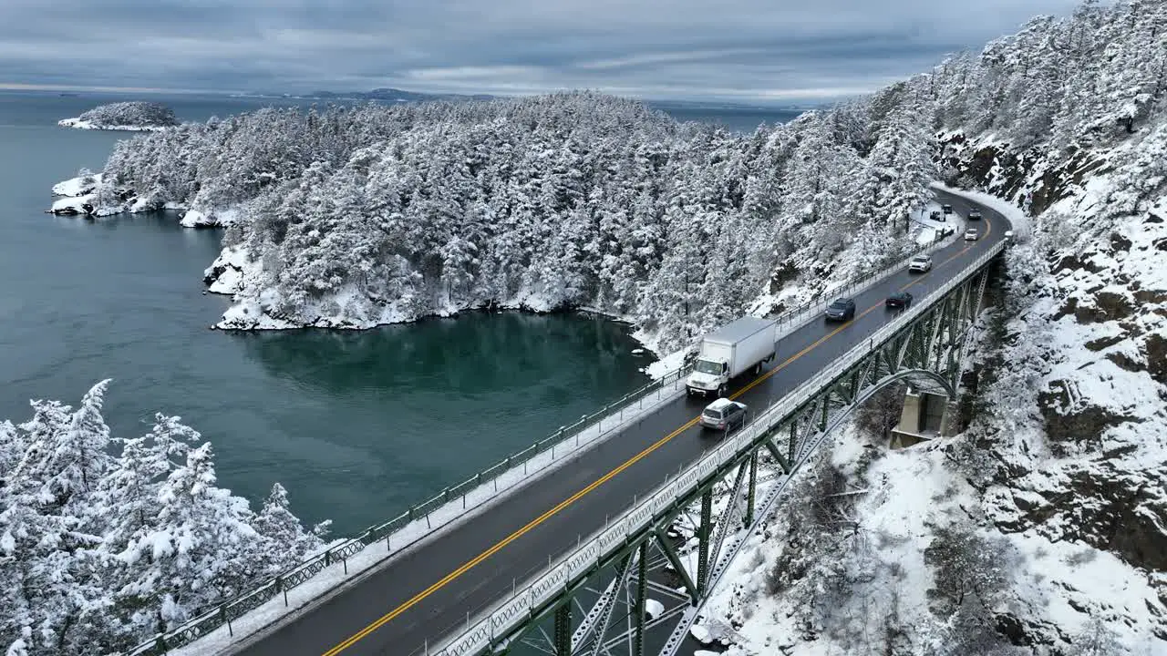 Aerial view of a white semi truck traveling over a snow covered bridge to deliver its shipment