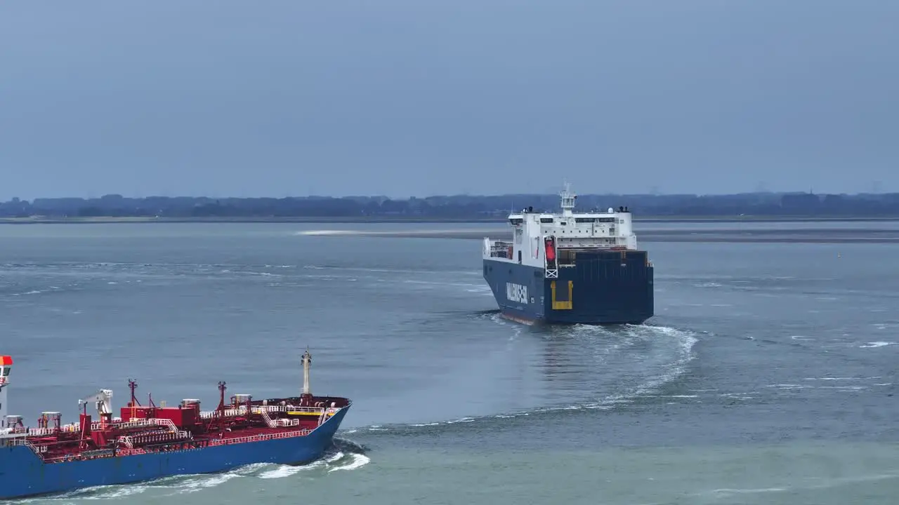 Cargo ships transport cargo by river and sea in the Netherlands