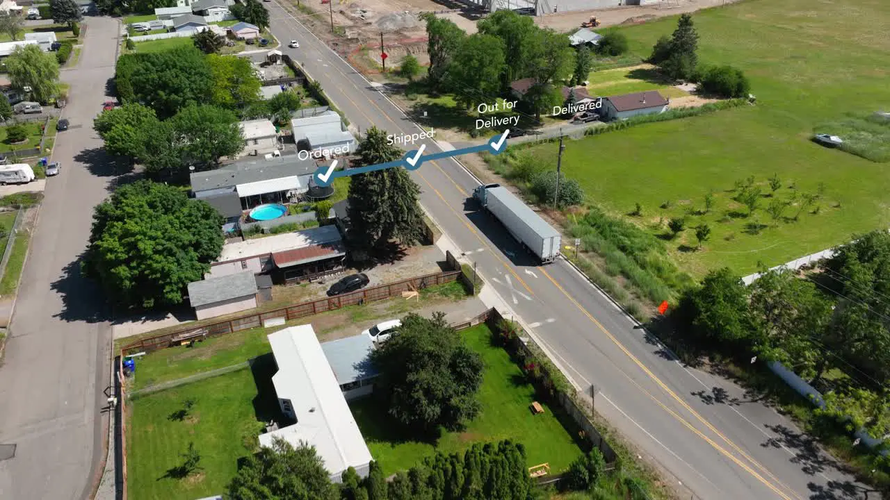 Aerial view of a commercial truck delivering goods