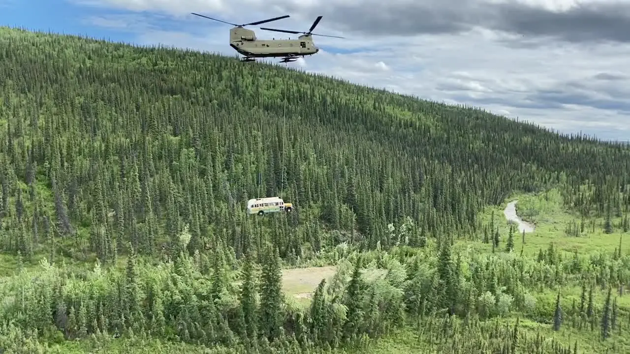 Alaska Army National Guard Ch47 Chinook Helicopter Air Lifts Into the Wild Bus 142 From Stampede Rd Healy Ak