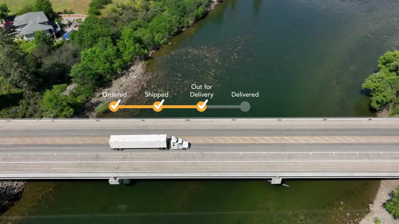 Semi truck driving across bridge with an "Out for Delivery" loading bar appearing above it