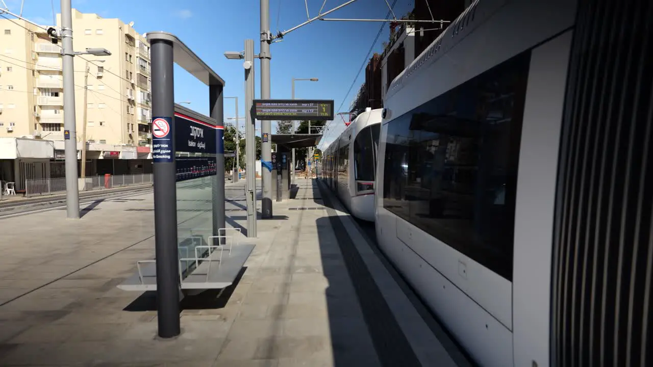 New light rail public transportation train leaving the platform in Tel Aviv