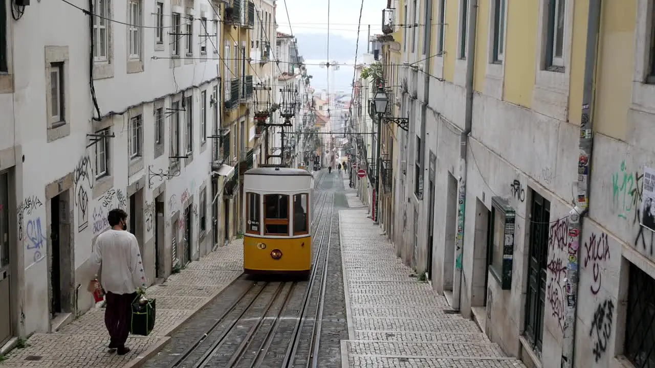 Famous Bica funicular in Lisbon Elevador Da Bica on it's way downhill