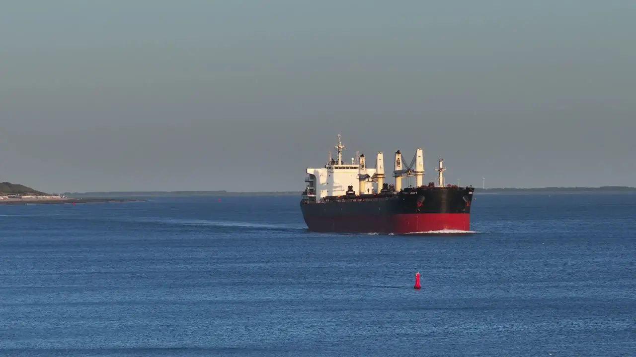 Tomini Unity cargo ship moving on river logistics in Holland at sunset