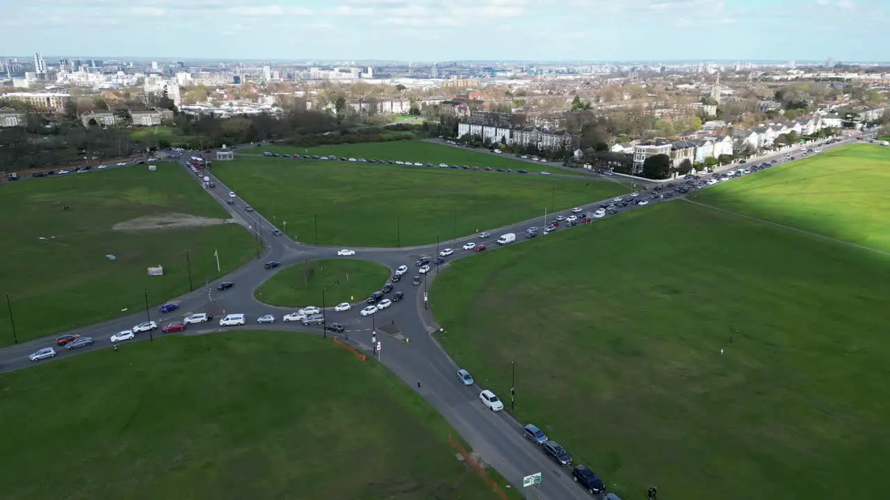 Traffic queuing on roundabout Blackheath Southeast London drone aerial