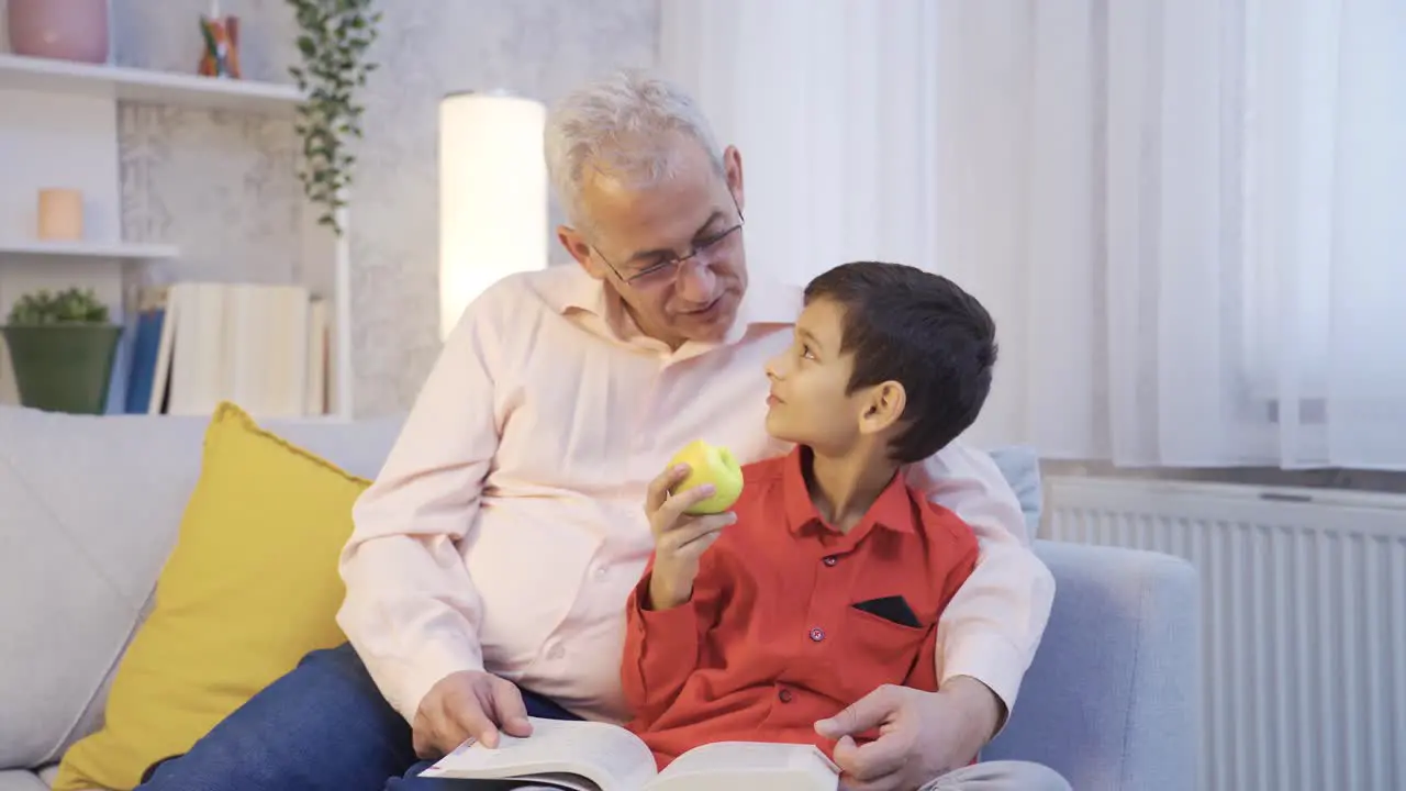 Father and son reading a book at home