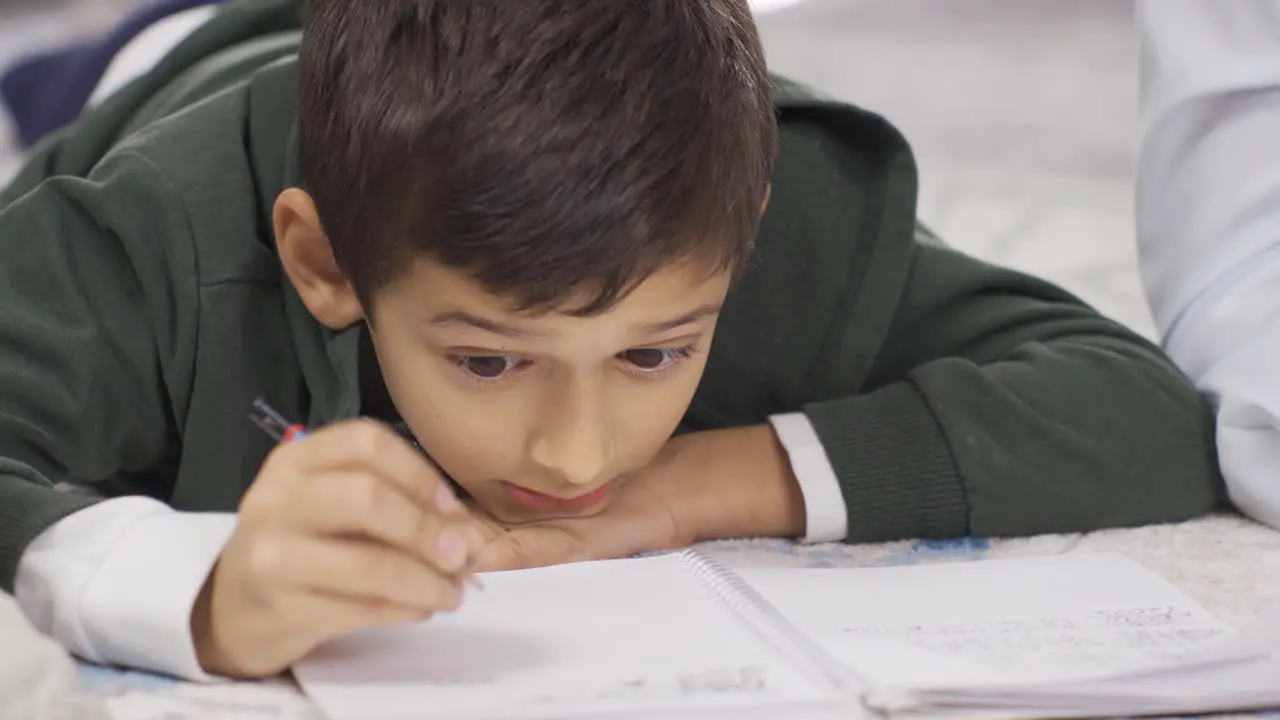 Smart Boy doing his homework lying at home