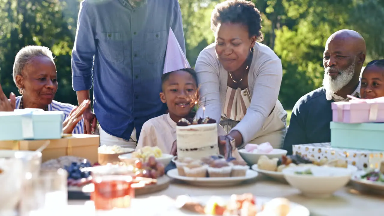 Child happy birthday and blow candles in outdoor