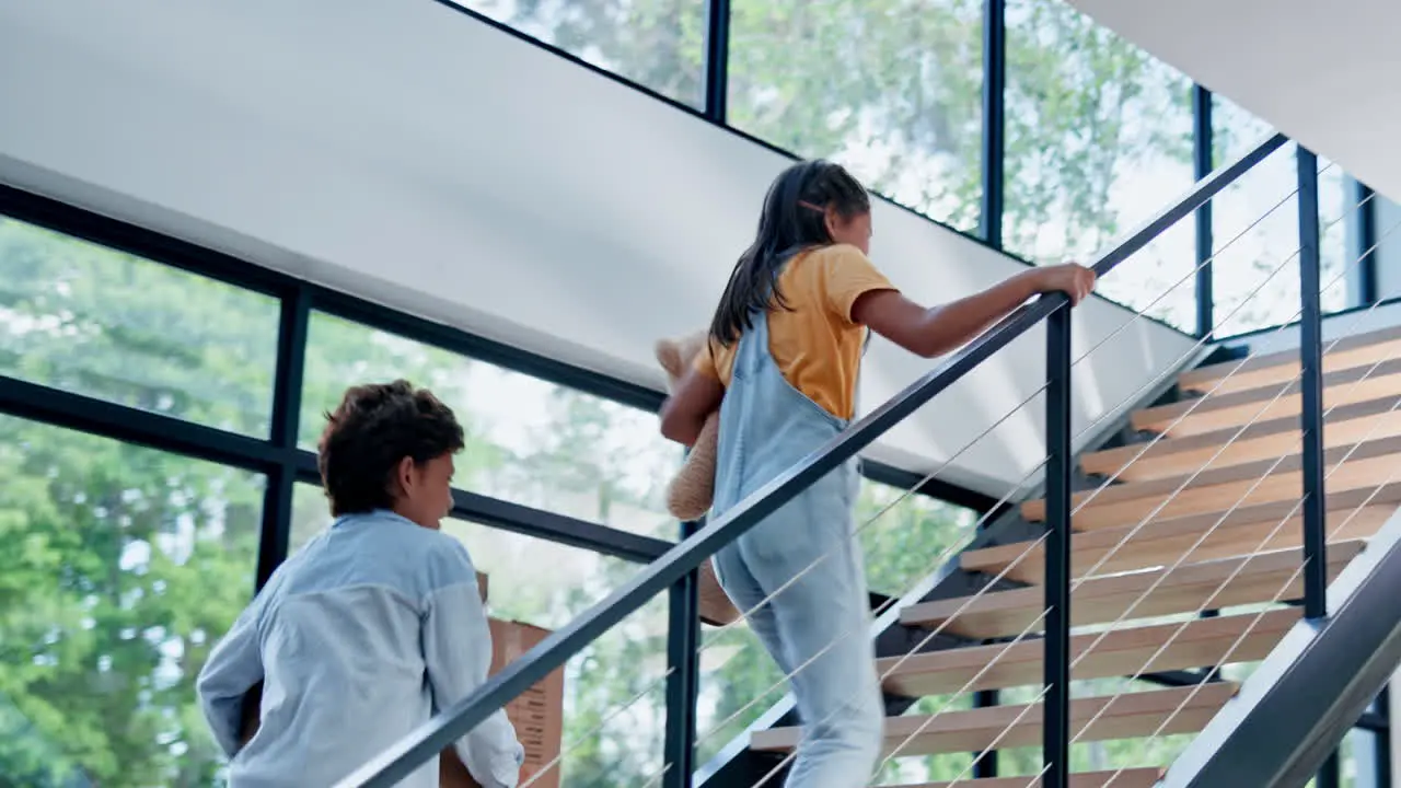 Happy family front door and running up stairs