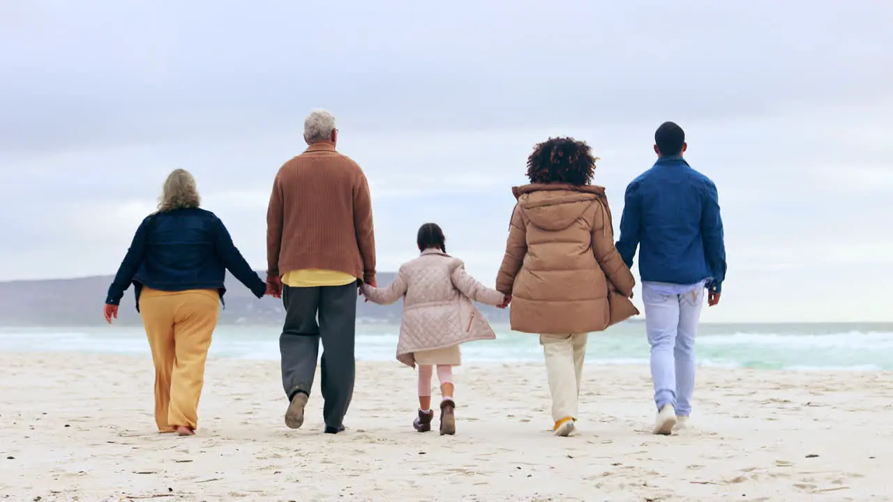 Big family on beach holding hands