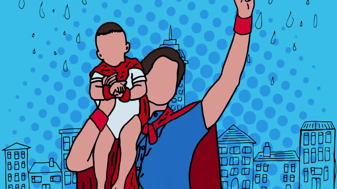 Animation of superhero family together on blue background