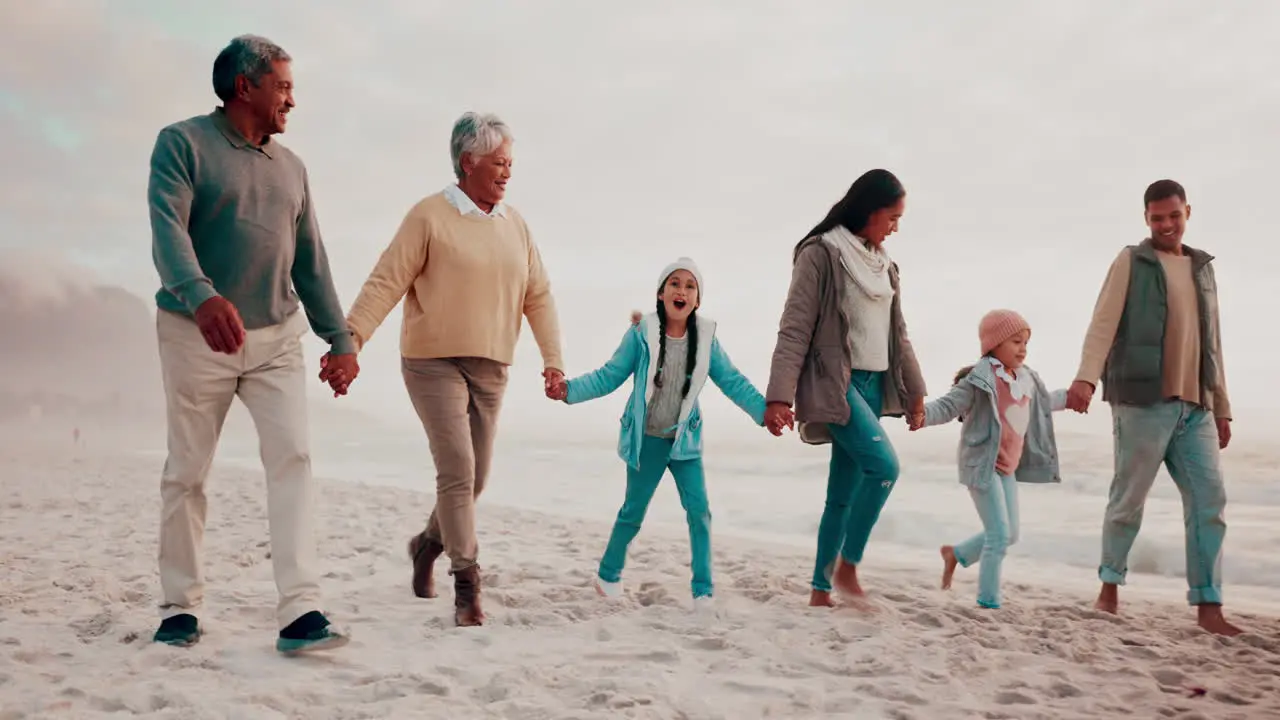 Big family holding hands and beach walk in nature