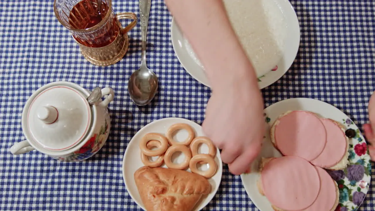 Traditional russian cuisine from USSR on a table tea sandwiches pourage