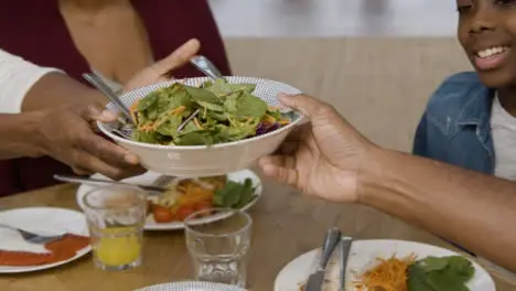 Woman Passing Bowl of Salad to Man at Family Dinner 