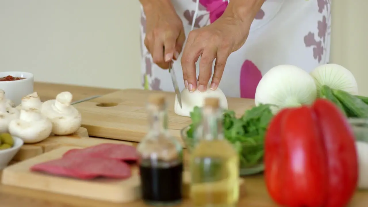 Close up on hands Cutting fresh onion