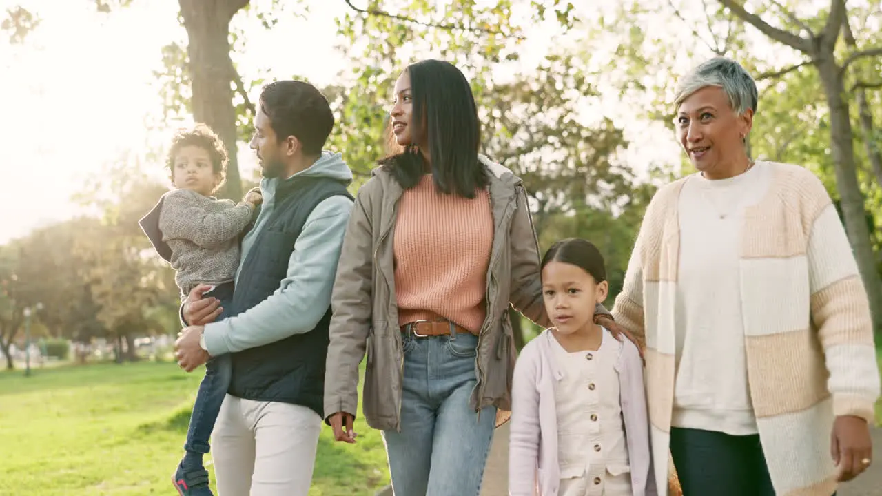 Nature walk and big family in an outdoor park