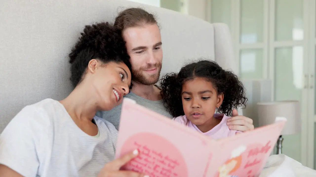 Happy family bedroom or kid reading story book