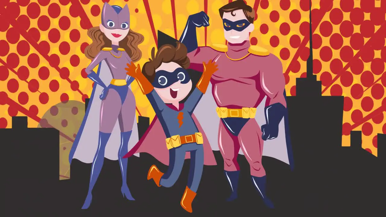 Animation of superhero family embracing on yellow background