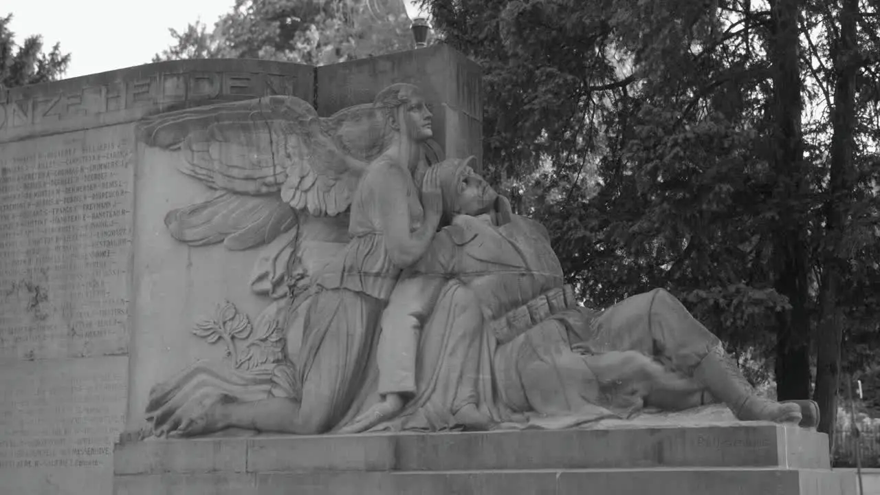 Pan shot of grand Gesneuvelden Monument in Brussels Belgium