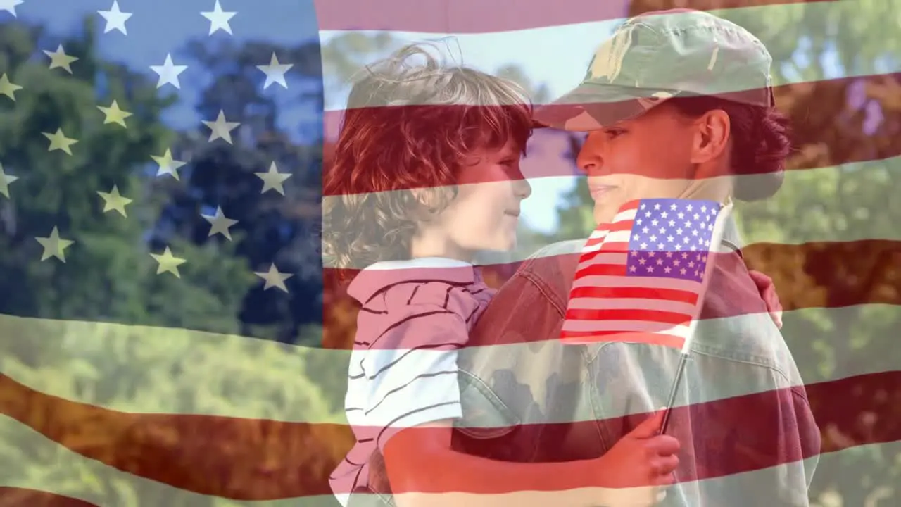 Conceptual digital animation showing a American soldier embracing her child on home returning 4k