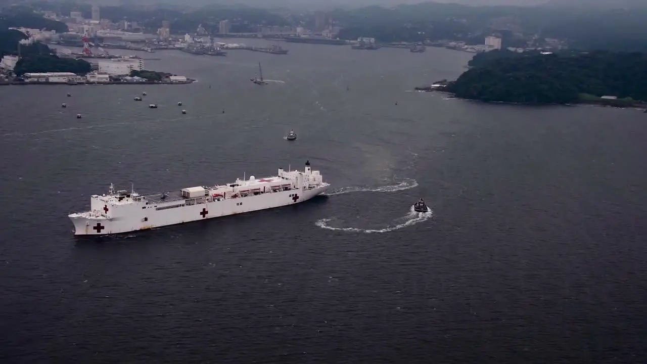 Aerial Of Military Sealift Command Hospital Ship Usns Mercy (Tah 19) Departs Commander Fleet Activities Yokosuka Japan 1