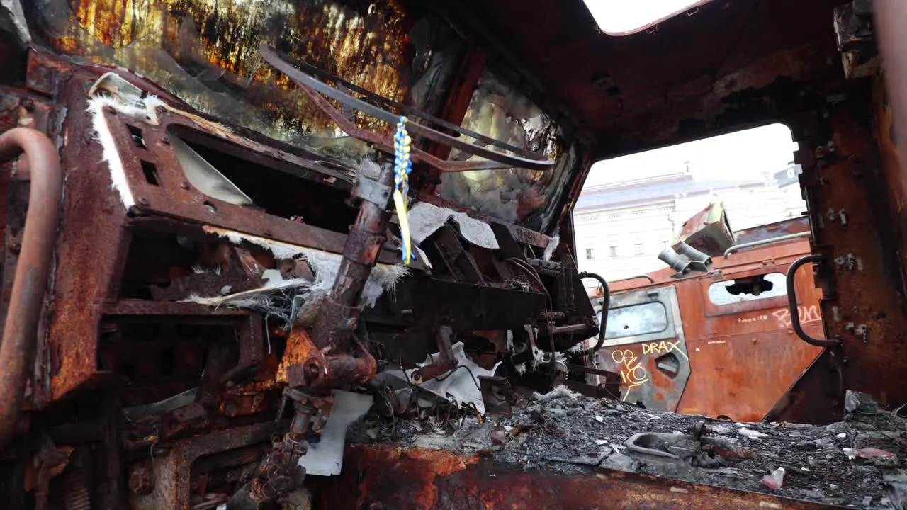 War Exhibition at Sophia Square in Kyiv Ukraine Inside Driver's Seat of Destroyed Russian Tigr Vehicle