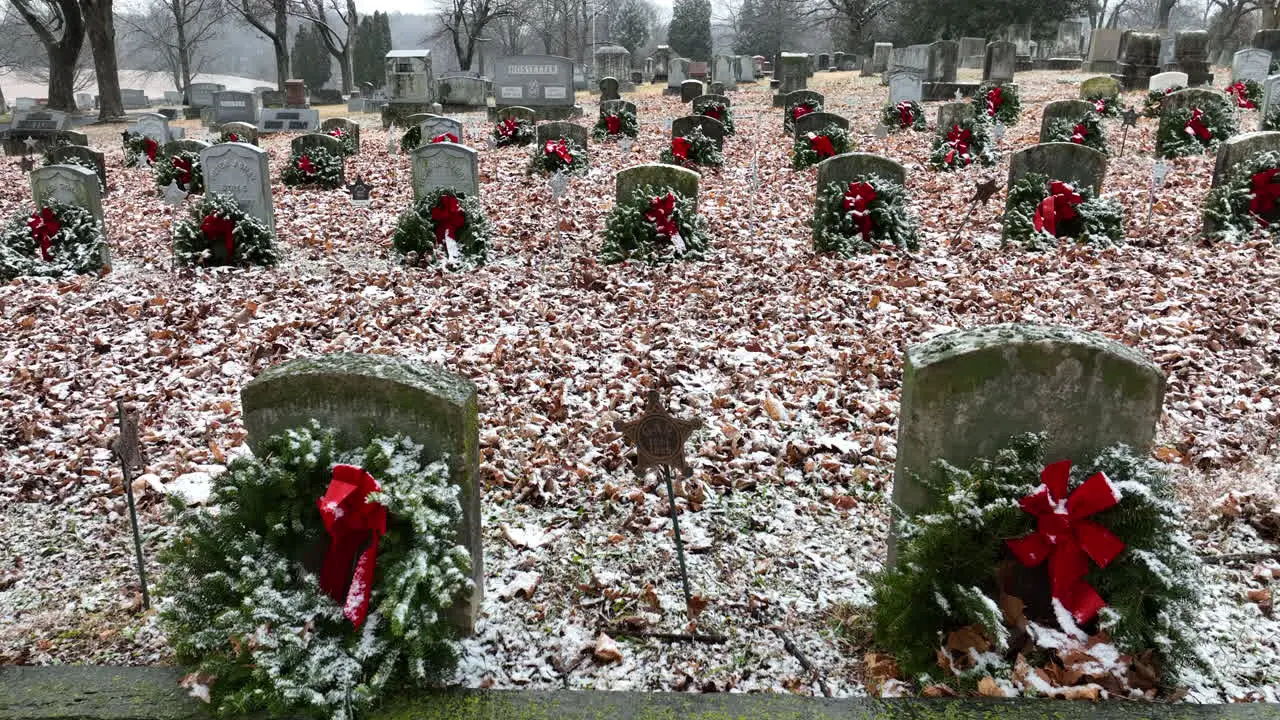 Close-up of wreaths on headstones marks in graveyard