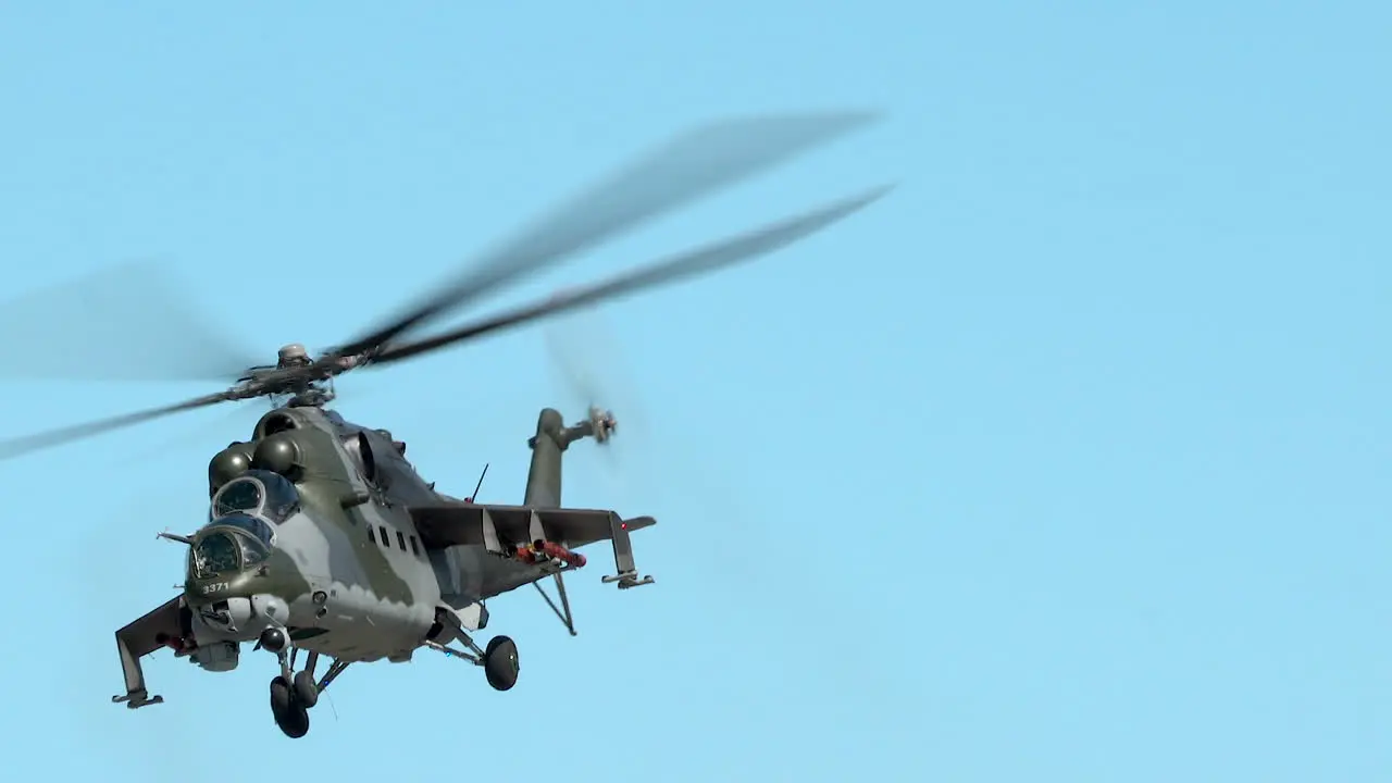 Mil Mi-24V Hind E Aircraft Of Czech Republic Air Force Flying Against Blue Sky At Gdynia Aerobaltic 2021 Airshow