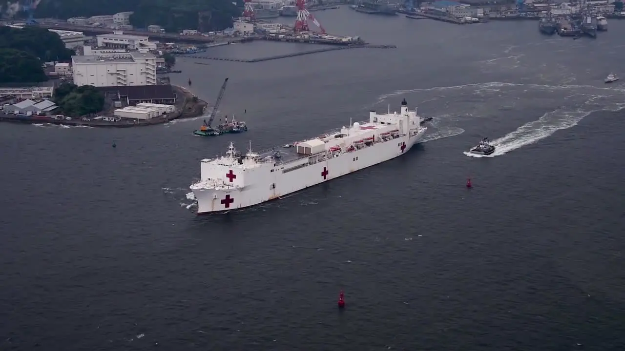 Aerial Of Military Sealift Command Hospital Ship Usns Mercy (Tah 19) Departs Commander Fleet Activities Yokosuka Japan