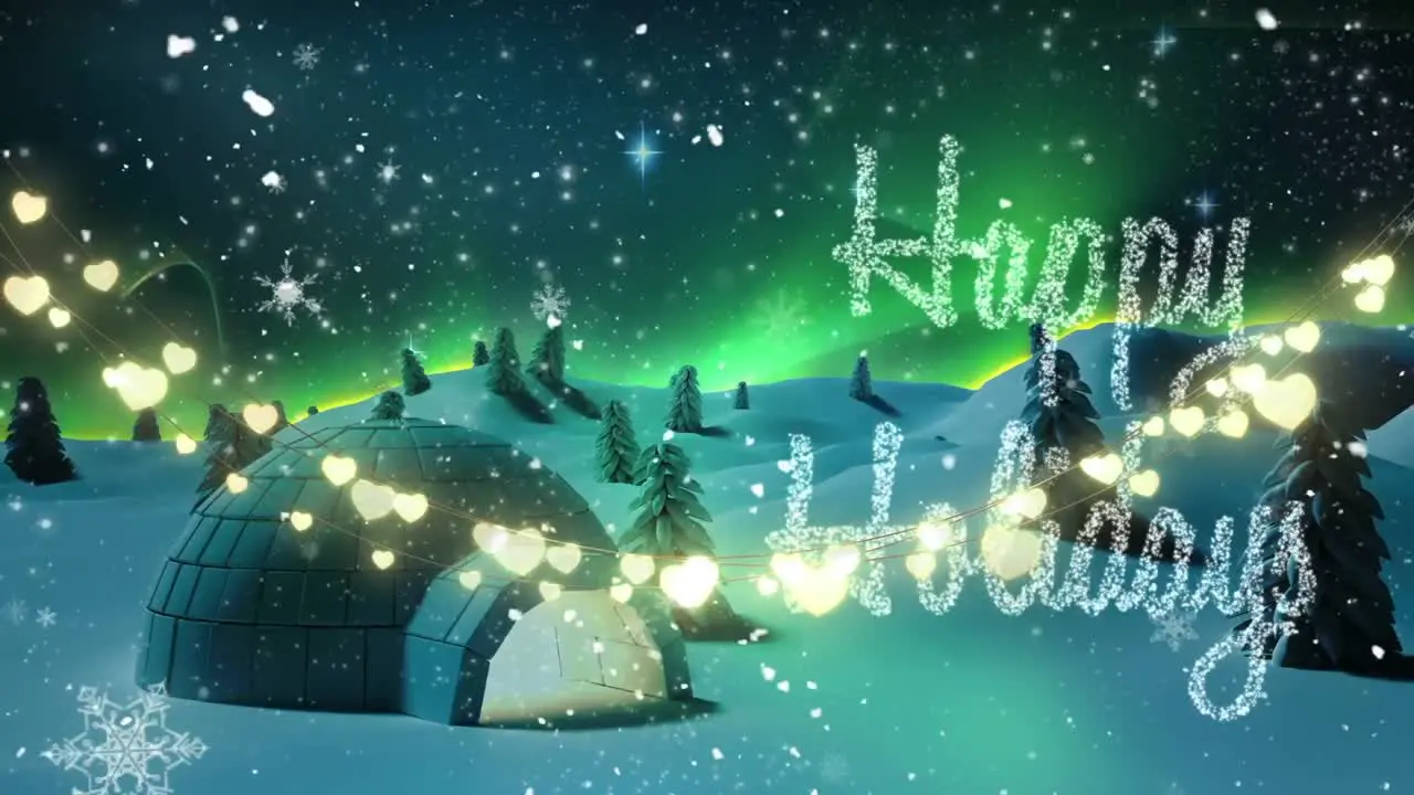 Glowing heart shaped fairy lights decoration against happy holiday text over winter landscape