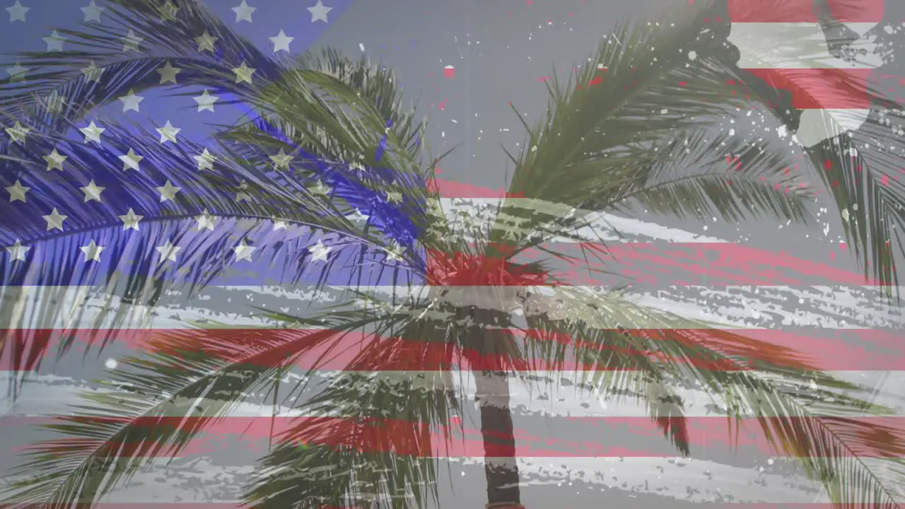 American flag with glitch effect against view of palm tree on the beach