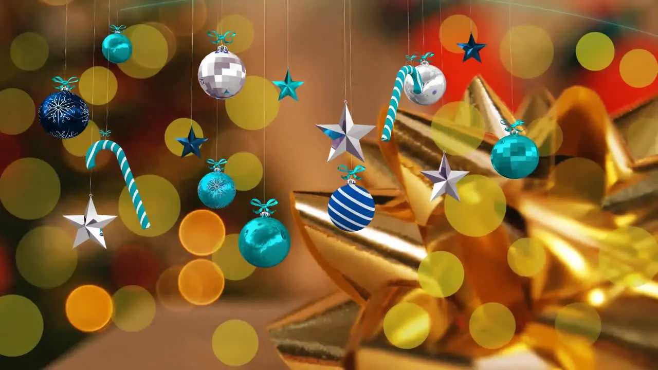 Animation of multicolored hanging decoration with bokeh effect in background