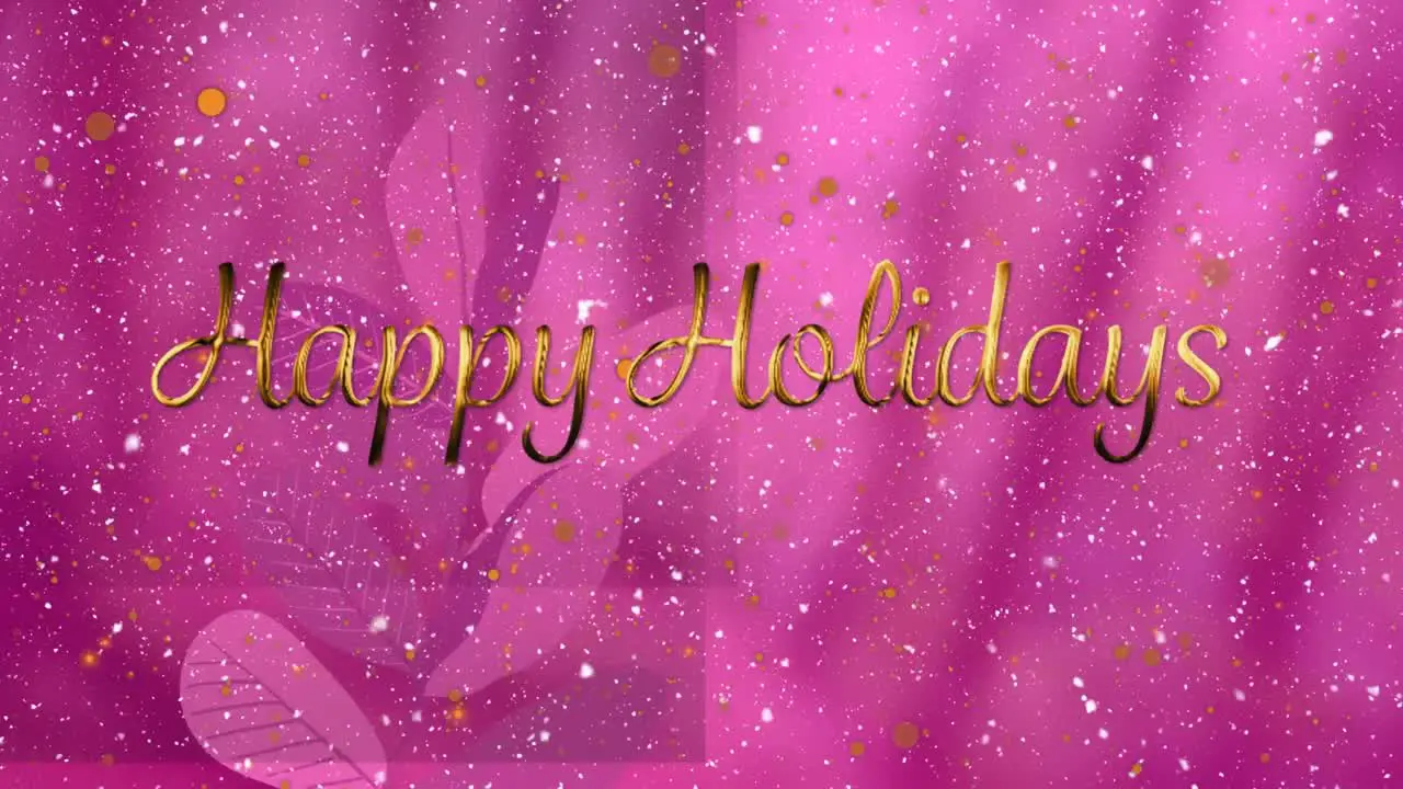 Snow falling and yellow spots against happy holidays against floral design on pink background