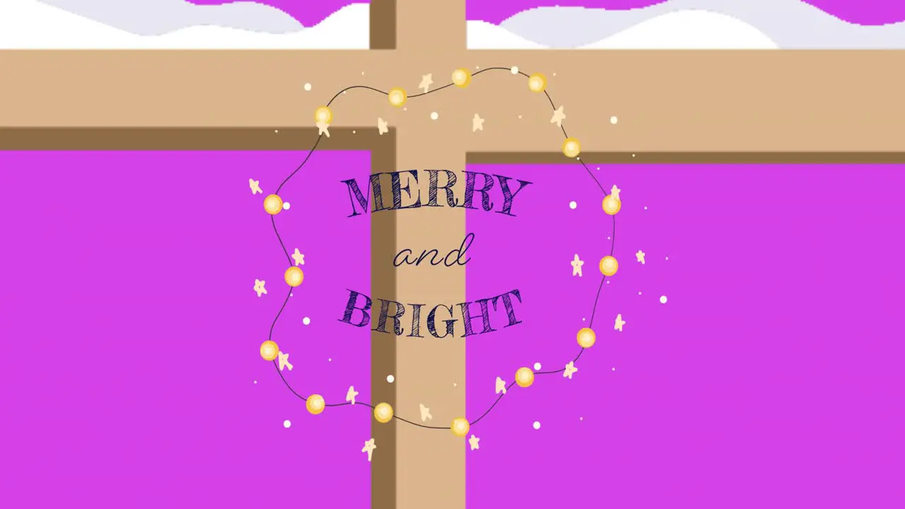 Animation of merry and bright over window with snow on pink background