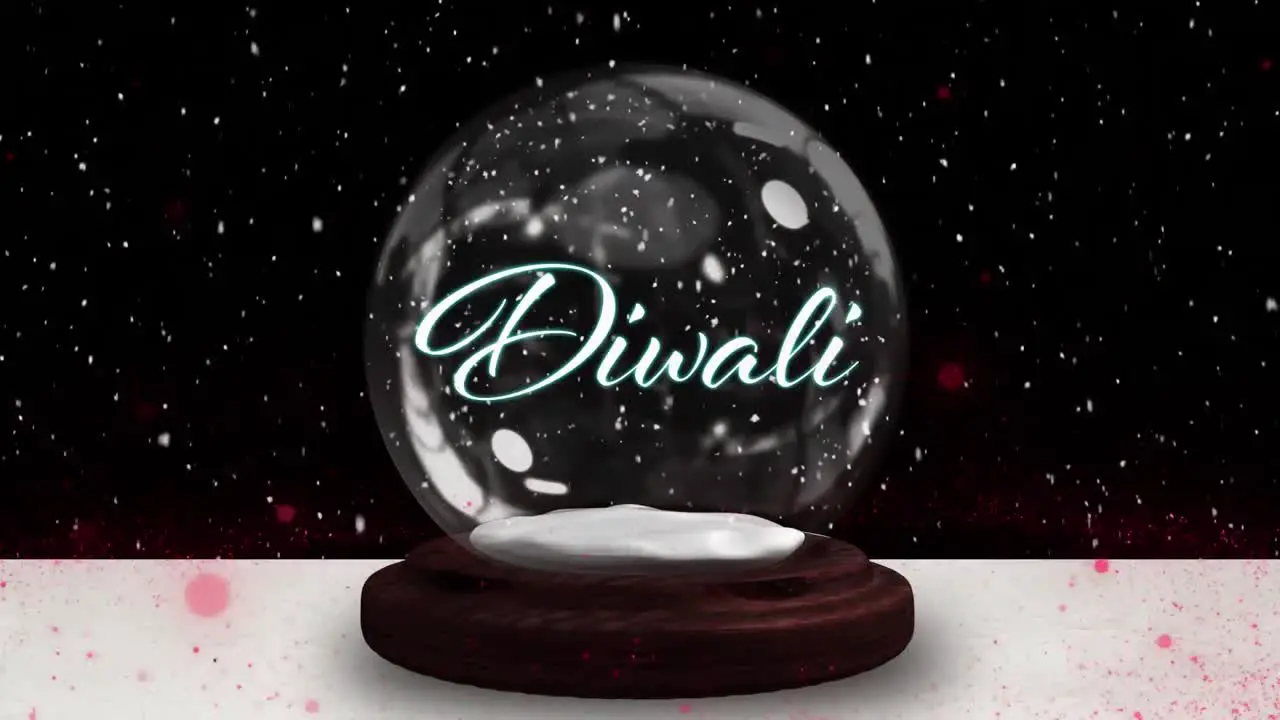 Animation of diwali text over snow globe shooting star and snow falling