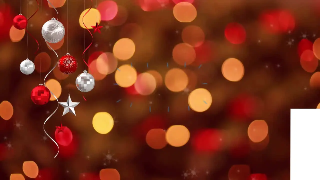 Animation of hanging baubles and star over multicolored bokeh effect in background