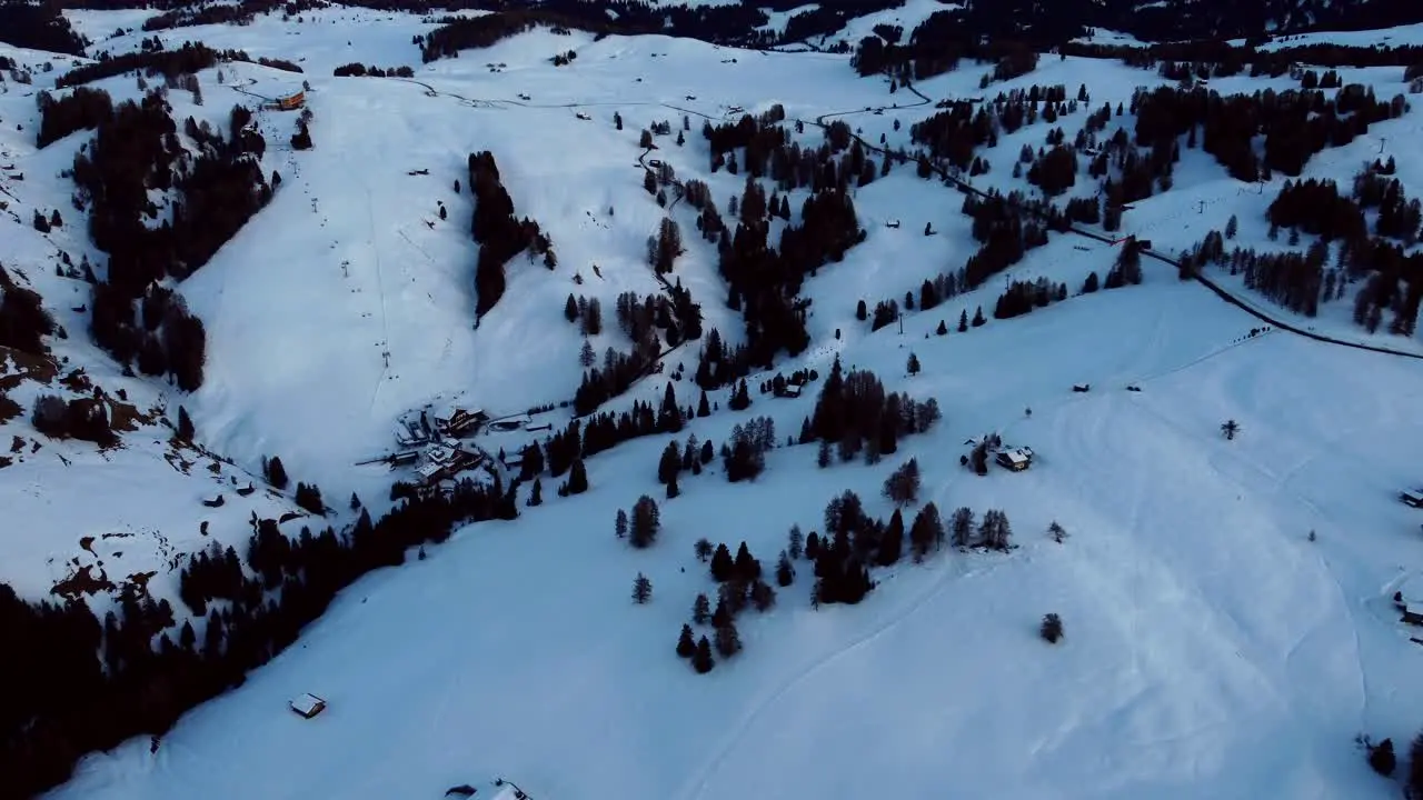 Aerial pan up shot from Alpe di Siusi in the Italian Alps