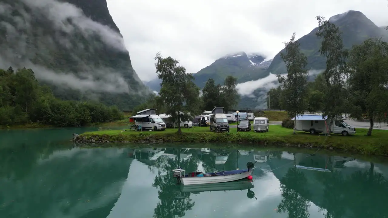 Camping at the water at Oldevatnet Lake in Loen Vestland Norway Aerial