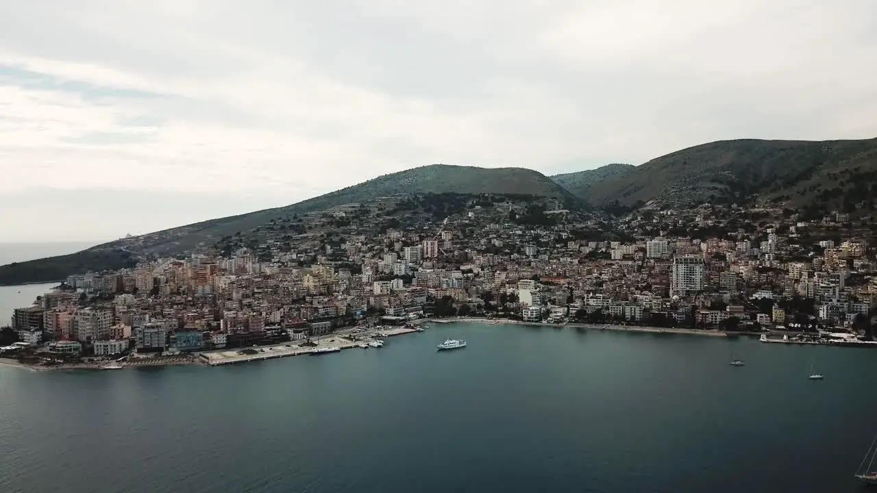 Aerial view of Saranda Sarande port city in Albania