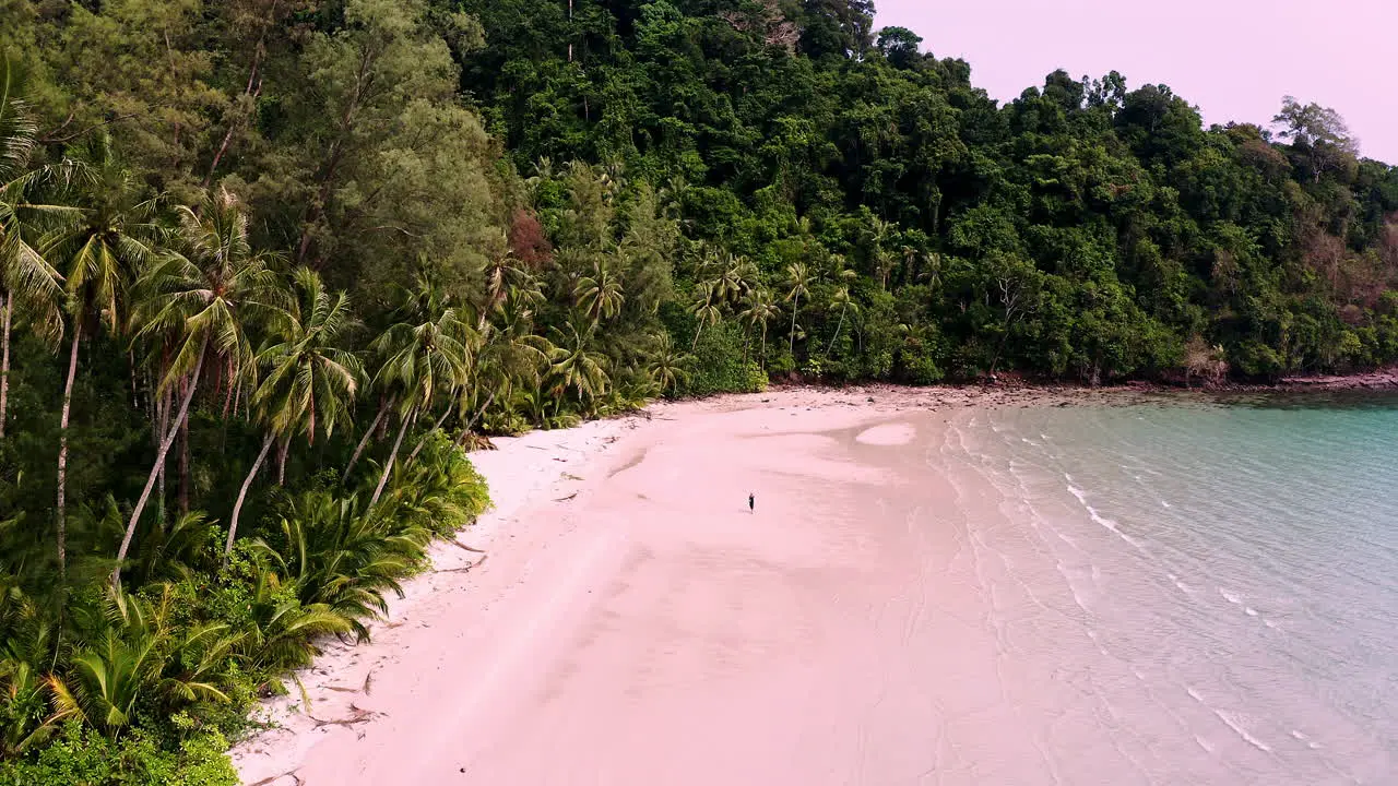 Person walking on tropical Koh Kood beach with palm jungle in lagoon