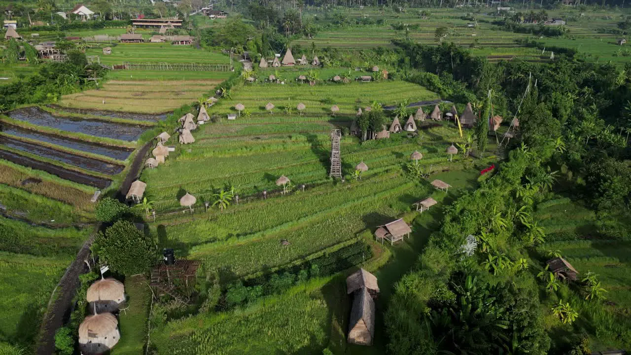 Drone flyover a sustainable holiday resort in the middle of rice terrace farm land