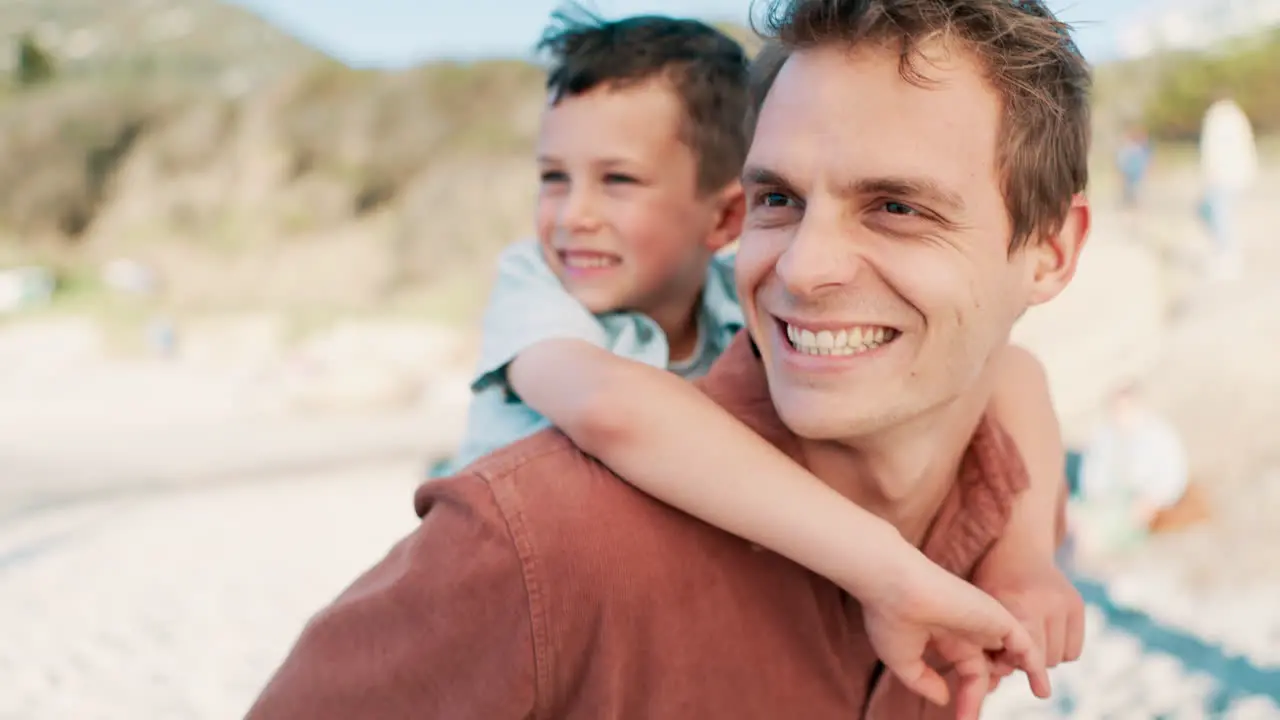 Beach happy family and father piggyback child