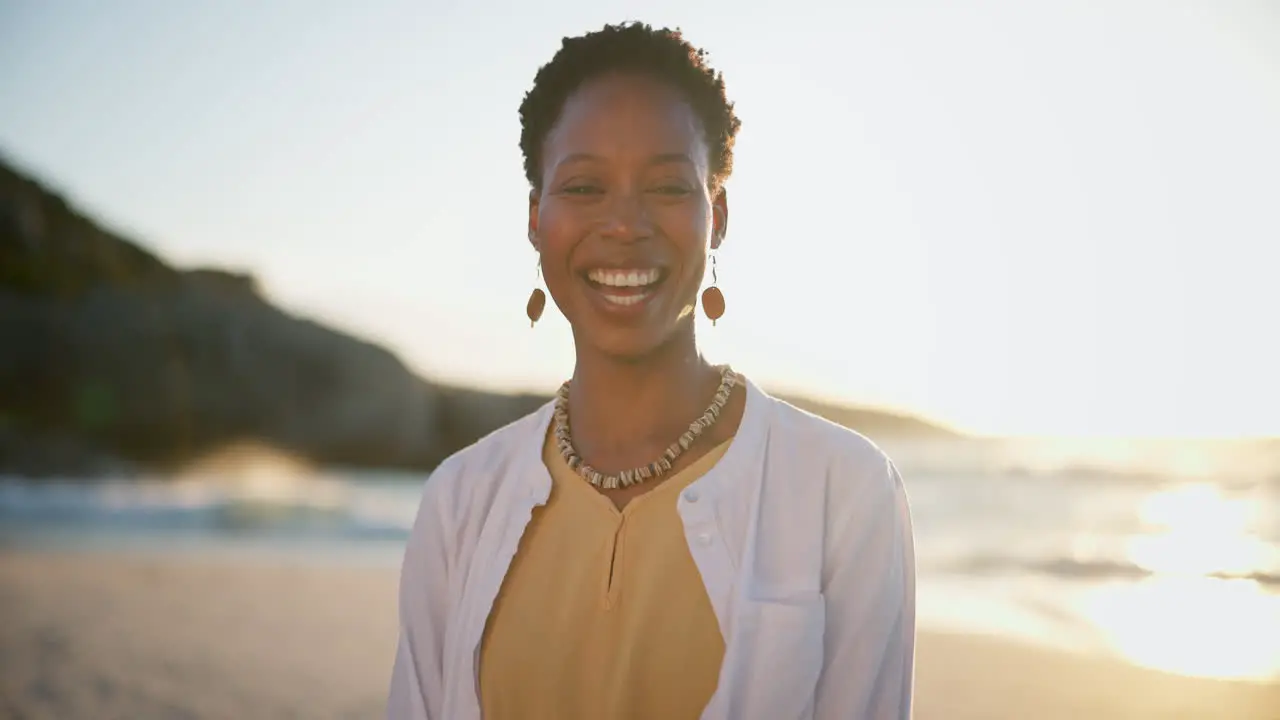 Black woman face and happy for laughing on beach