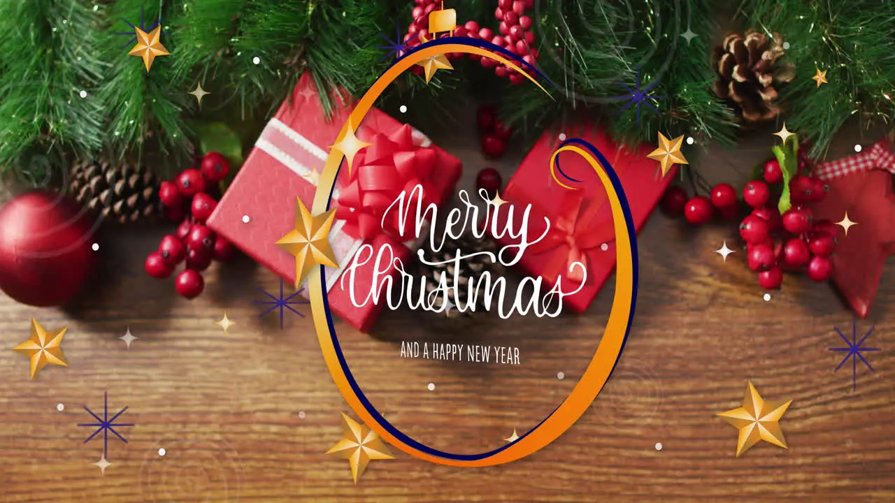 Animation of merry christmas and happy new year text with decorations and gifts on table