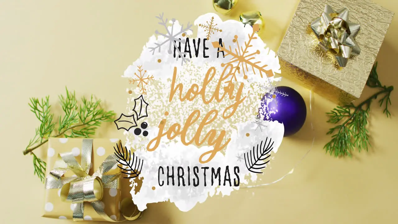 Animation of have a holly jolly christmas text and christmas decorations and gift boxes