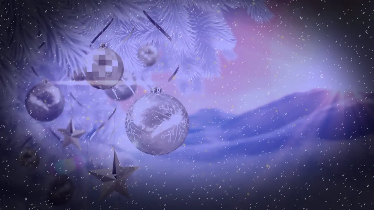 Animation of snowfall over hanging stars and baubles against abstract background