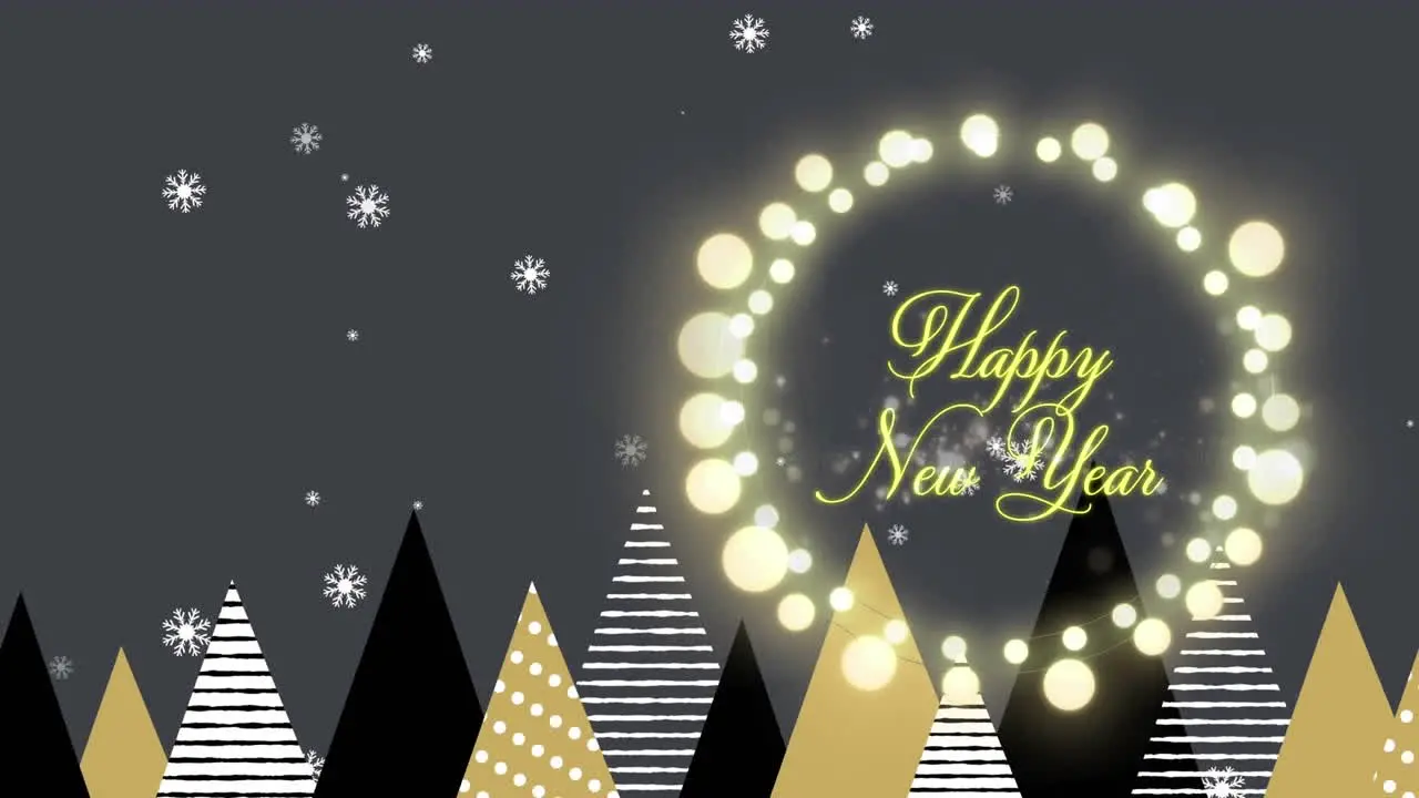 Animation of happy new year text in illuminated wreath and snow falling on trees